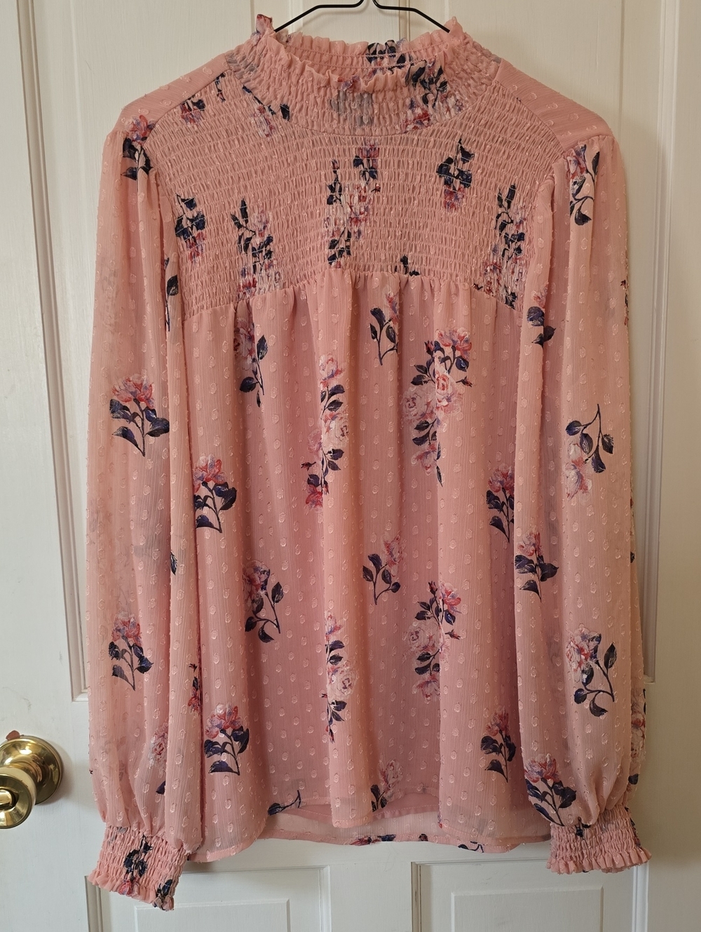 Beautiful Smocked High-Neck Pink Floral Blouse Size L
